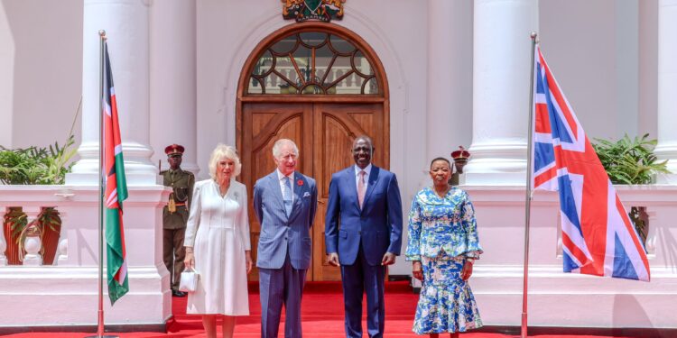 From left: UK's Queen Camilla, King Charles, President William Ruto and First Lady Rachel Ruto pose for a photo at State House Nairobi on October 31, 2023. 