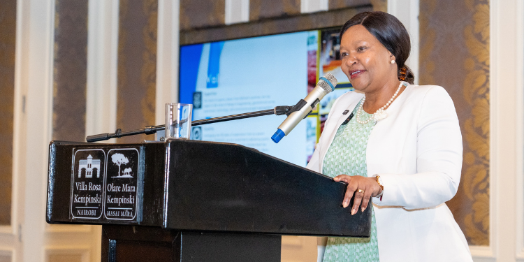 former Trade CS Rebecca Miano speaking during the Launch of the Multibillion Road project. PHOTO/ Rabecca Miano