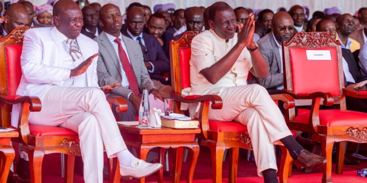 Deputy President RIgathi Gachagua AND president William Ruto ATTENDING national prayers AT Nakuru. photo/ statehouse