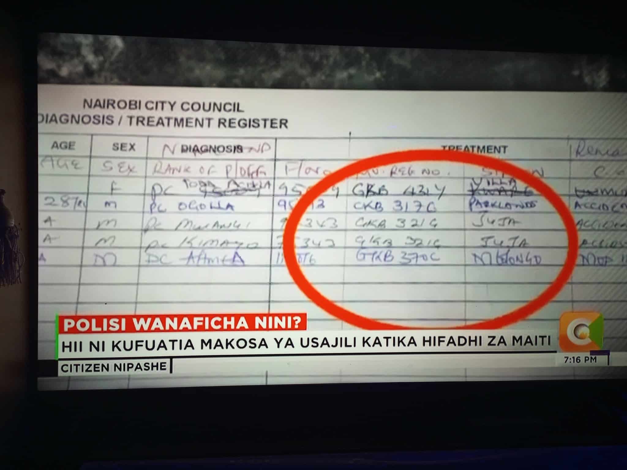One of the record documents at City Mortuary as displayed by Citizen TV. PHOTO/Citizen.