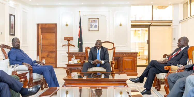 President William Ruto, Azimio leader Raila Odinga and DP Rigathi Gachagua in a meeting after the signing of the IEBC Bill at KICC on July 9, 2024.PHOTO/Courtesy.