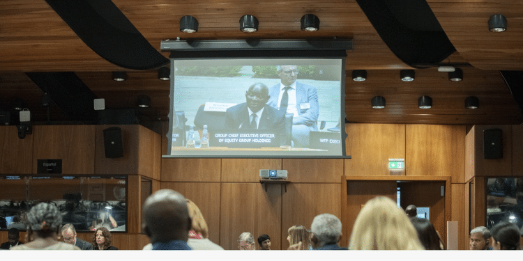 Dr. James Mwangi, addressing the Executive Board of the World Food Programme to elaborate on how the private sector can contribute to global food insecurity and strengthening of food systems to support small scale farmers towards sustainable farming practices. Photo/Hand out