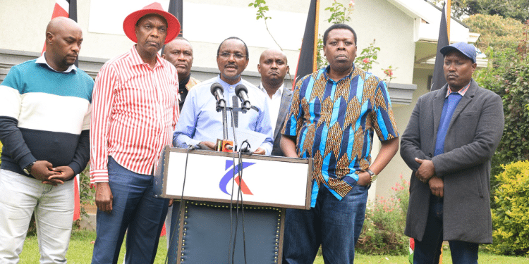 Wiper Leader Kalonzo Musyoka (center) leads Azimio principals in a press conference in Nairtobi on July 19, 2024. 