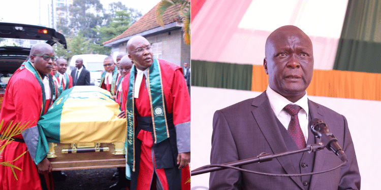 A collage of judicial officers carrying the body of David Majanja during his funeral service on July 17 and a photo of Justice Daniel Ogembo who passed on July 2024. 