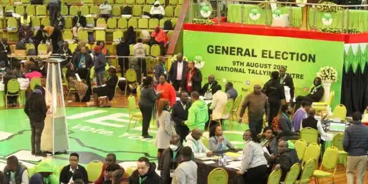 IEBC officials and observers at the Bomas of Kenya during 2022 elections. PHOTO/Standard.