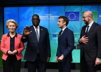 (l to r) European Commission chief Ursula von der Leyen, Senegal's President Macky Sall, French President Emmanuel Macron and European Council President Charles Michel in Brussels | AFP