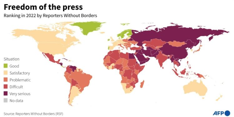 World map showing the different states of press freedom by countries and territories, compiled by Reporters Without Borders | AFP