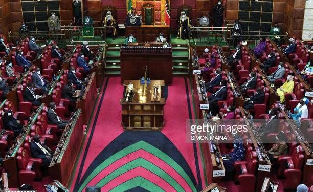 A general view showing Kenyan Members of Parliament and Senators attending an address by Tanzanian President Samia Suluhu Hassan at the Parliament Buildings in Nairobi on May 5, 2021. (Photo by Simon MAINA / AFP) (Photo by SIMON MAINA/AFP via Getty Images)
