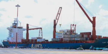 Container ship docks at the Lamu port in Kenya