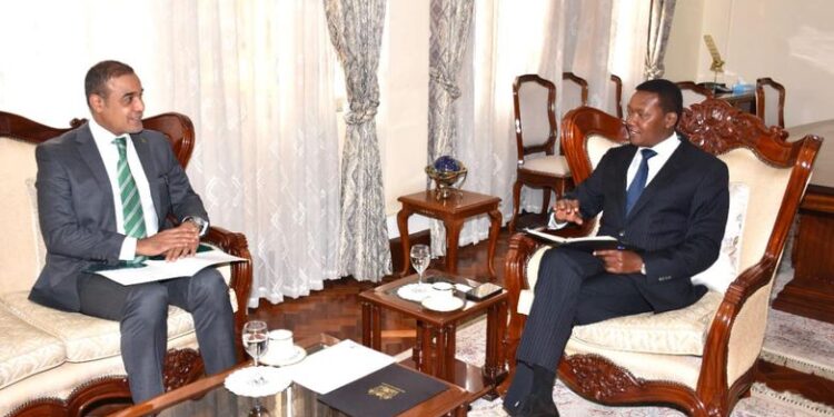 Foreign CS Alfred Mutua with Ambassador of the Kingdom of Saudi Arabia to Kenya H.E  Khalid Abdullah Alsalman when they met last week.Photo/Courtesy