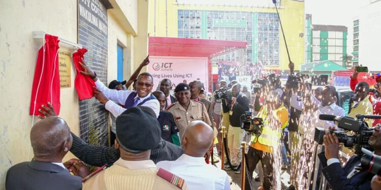 Ministry of Information, Communications and the Digital Economy CS  Eliud Owalo when he launched a free Internet hotspot at Wakulima Market.Photo/Jackson Okata.The Kenya Times