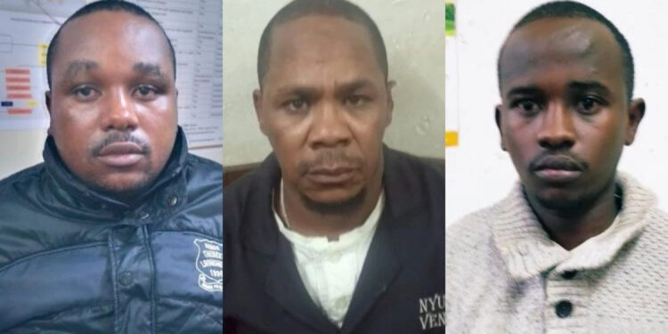 Francis Itaru, Joel Njoroge and John Warui who were arrested on Monday, January 30 in Githurai while they were selling electronic goods believed that were stolen.PHOTOS/DCI.
