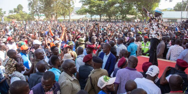 Azimio leader Raila Odinga speaks at a rally in Busia on Sunday.Photo/Courtesy