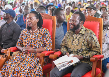 Martha Karua and Kisumu Governor Anyang Nyong'o during the burial of the late mama Grace Onyango in Gem, Nyanza on Friday, March 31.PHOTO/COURTESY