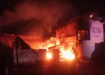 A section of Kisumu Boys High School burns after an outbreak on September 17, 2023.