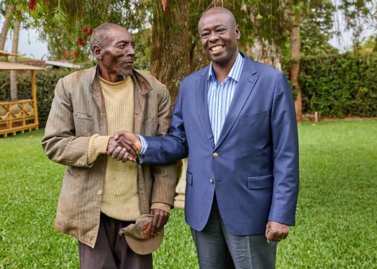 Deputy President Rigathi Gachagua (right) shares a moment with his longtime friend at his rural home. 