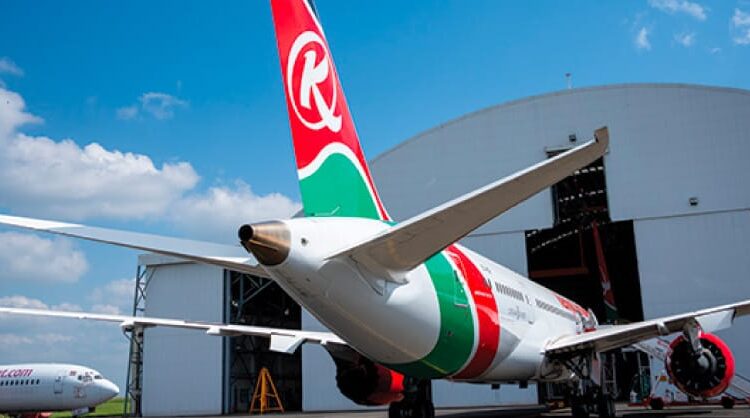 A photo showing a KQ aircraft in hangar at the JKIA in Nairobi.