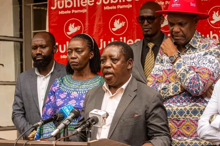 Narc Kenya Party Leader Martha Karua (second from left) and Jubilee Secretary General Jeremiah Kioni (right) addresses a past media conference.