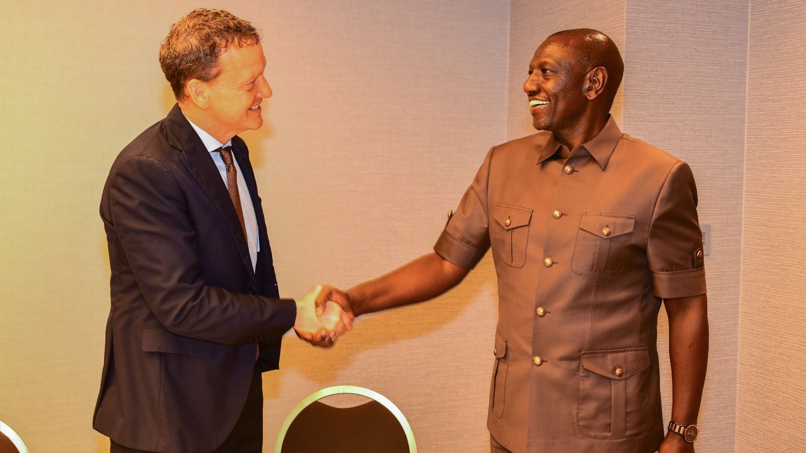 President William Ruto (right) shakes hands with Nicholas Weinstock, the President of Invention Studios in a meeting in the US on September 16, 2023. 