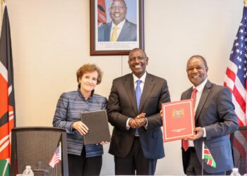 From left: MCC CEO Alice Albright, President Williiam Ruuto and Treasury CS Njuguna Ndungu pose for a photo after signing a Ksh8.7 billion deal in New York on September 20,2023.