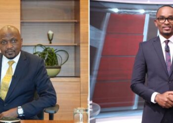 A photo collage of Trade CS Moses Kuria in a past interview with Citizen TV (left) and Citizen TV's news anchor Sam Kituku.