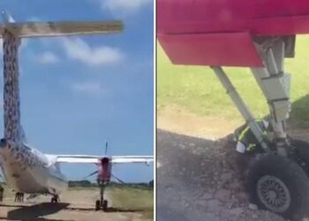 A photo collage of a Jambojet aircraft and a photo showing the stuck wheels at the Manda Airstrip.