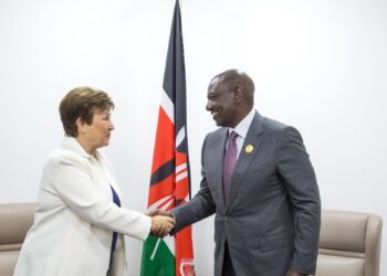 President William Ruto (right) and IMF Managing Director Kristalina Georgieva shake hands in a past meeting.