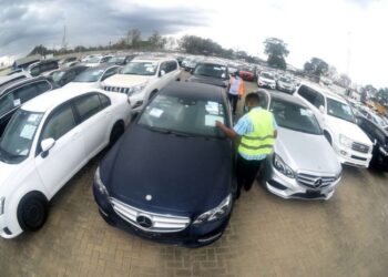 KRA officers inspect cars at the Port of Mombasa.