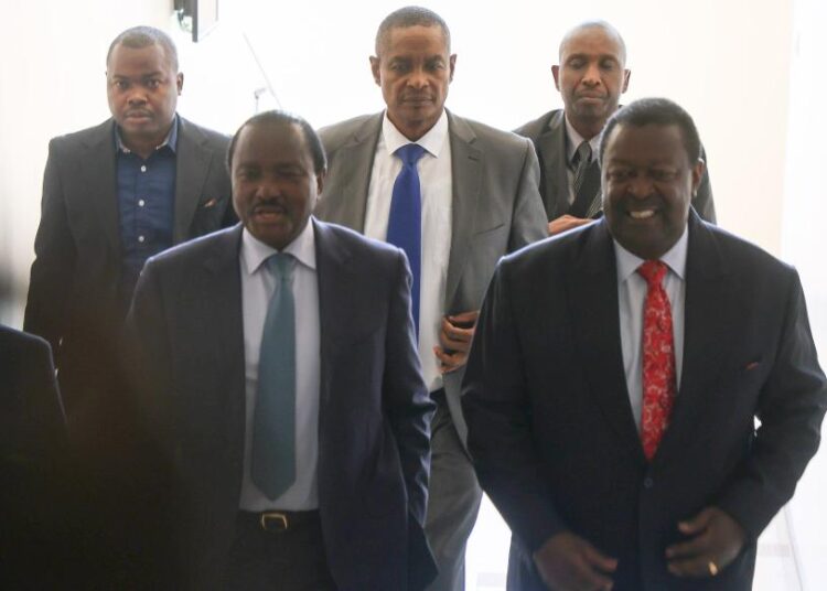 Wiper Party Leader Kalonzo Musyoka (left) and Prime CS Musalia Mudavadi arrive at a Nakuru Hotel where a workshop on post election reforms was held on September 27, 2023. 