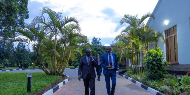 Deputy President Rigathi Gachagua (left) and Trade CS Moses Kuria meet at the Karen DP's residence.