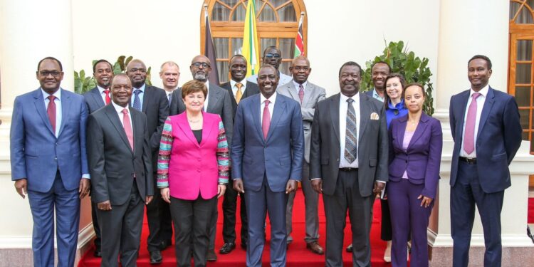 President William Ruto (third from right) and other senior government officials pose for a photo with IMF's delegation in a past meeting.