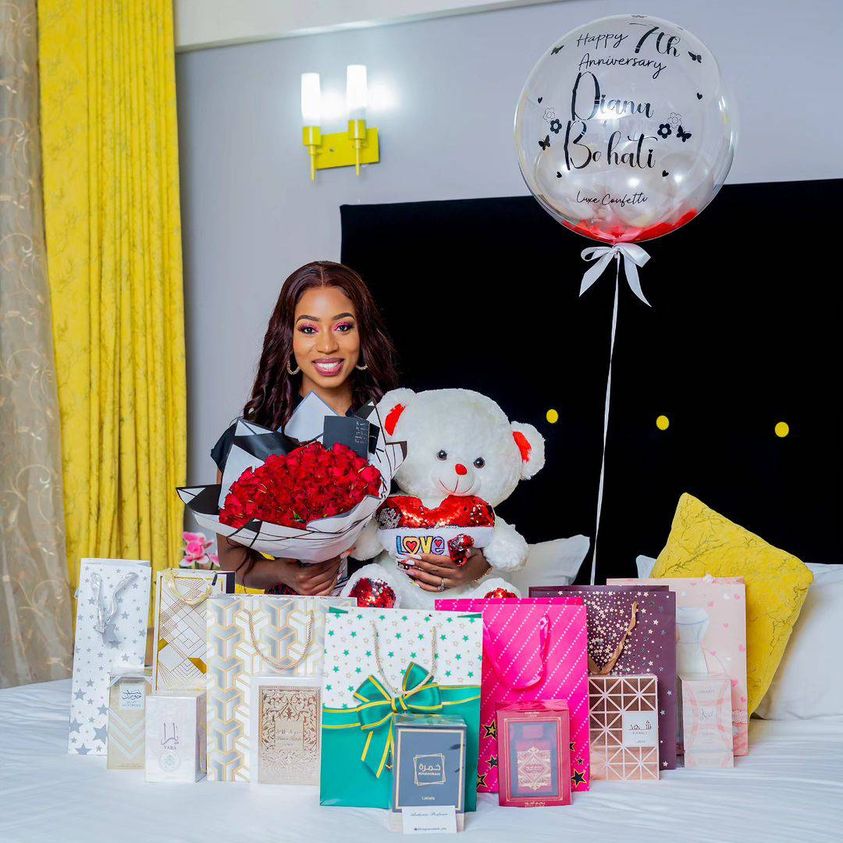 Bahati's Wife Diana Marua posing with gifts from her husband PHOTO/ Diana