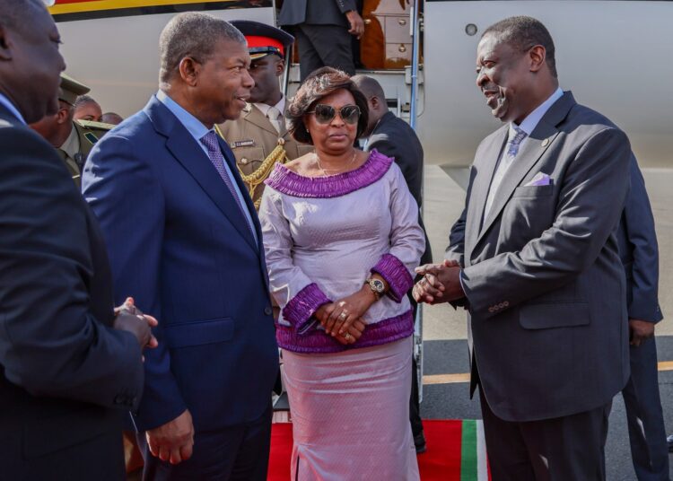 Prime Cabinet Secretary Musali Mudavadi (right welcomes Angola's President Joao Lourenco and the First Lady at the JKIA on October 19, 2023. 
