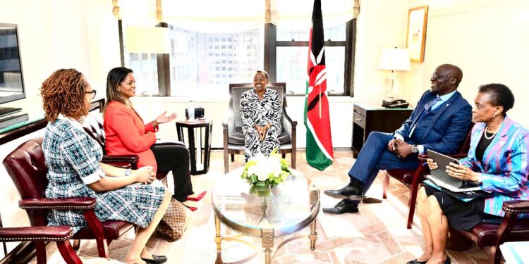 First Lady Rachel Ruto (center) holds a meeting with AI Expert Philip Thigo (second from right) and development partners.