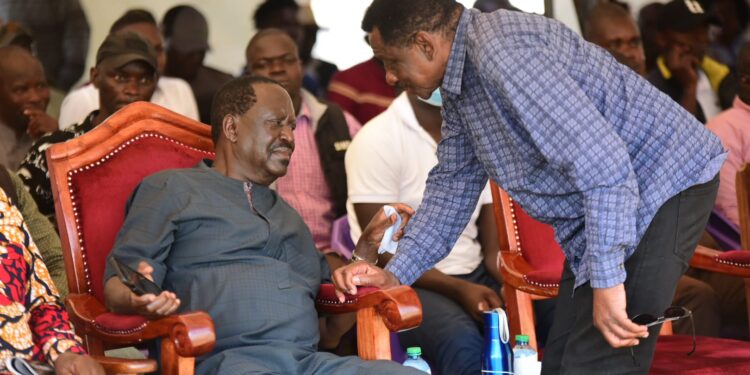 ODM Leader Raila Odinga (sitting) consults with Siaya Governor James Orengo in a past function. 