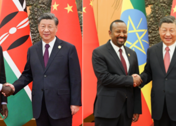 A collage of Chinese President Xi Jinping with his Kenyan counterpart William Ruto (left) and Ethiopian Prime Minister Abiy Ahmed.