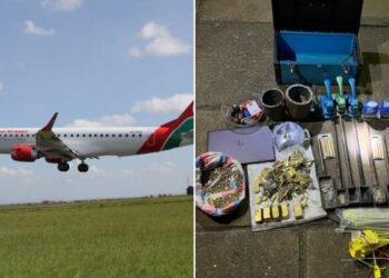 A photo collage of a Kenya Airways plane and a photo of the exihibits discovered after a police raid in the suspect's office.