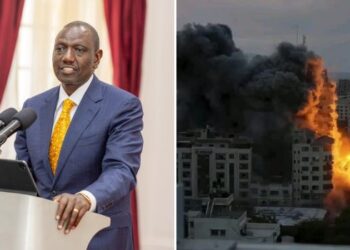 A photo collage of President William Ruto speaking at a past function and a photo taken during the attacks on Israeli on October 7, 2023.