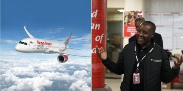 A photo collage of a Kenya Airways aircraft and a photo of the airline's CEO Allan Kilavuka.