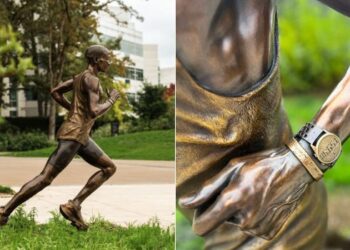 A photo collage of Eliud Kipchoge's sculpture erected at Nike Headquarters in Oreogon.