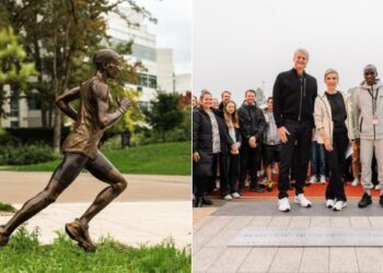 A photo collage of Eliud Kipchoge's statue in Oregon USA and a photo of Kipchoge during the launch of a track in the Netherlands.