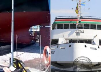 A photo collage of airbags laid to launch a ship and a photo of the MV Uhurur Two ship launched at Lake Victoria in Kisumu.