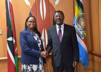Cheif Justice Martha Koome (left) and Speaker Moses Wetangula shake hands during a meeting on October 20, 2023.