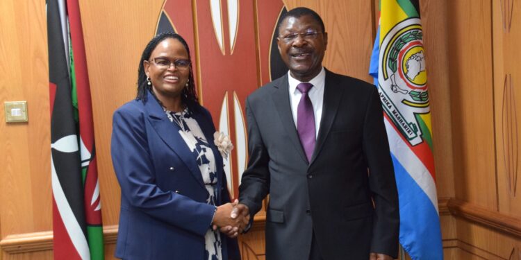 Cheif Justice Martha Koome (left) and Speaker Moses Wetangula shake hands during a meeting on October 20, 2023.