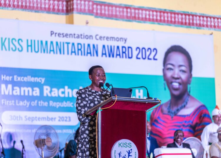 First Lady Rachel Ruto addresses the KISS Humanitarian Award in India. 