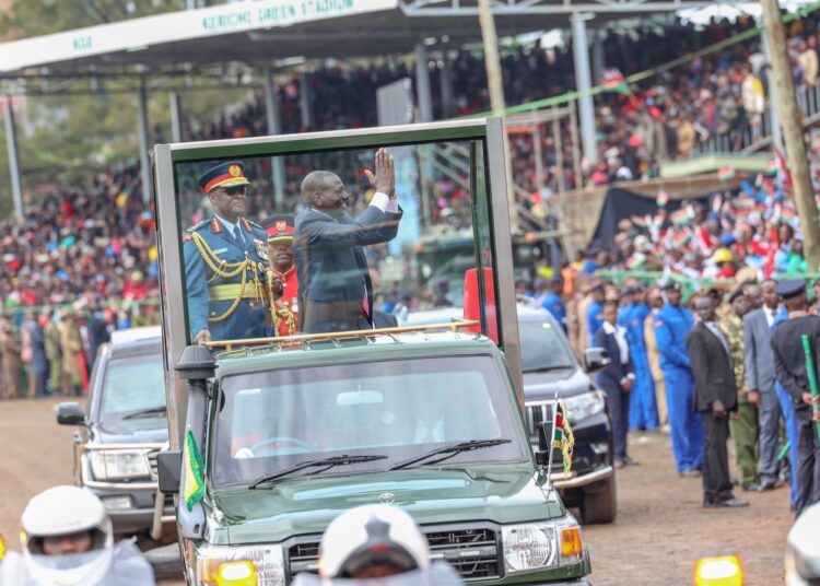 President William Ruto greets Kenyans who showed up for the Mashujaa Day celebrations on October 20, 2023.