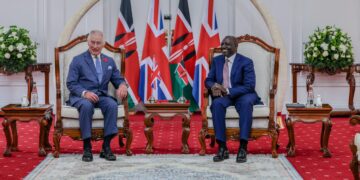 UK's King Charles (left) share a moment with President William Ruto during their meeting on October 31, 2023 at State House.
