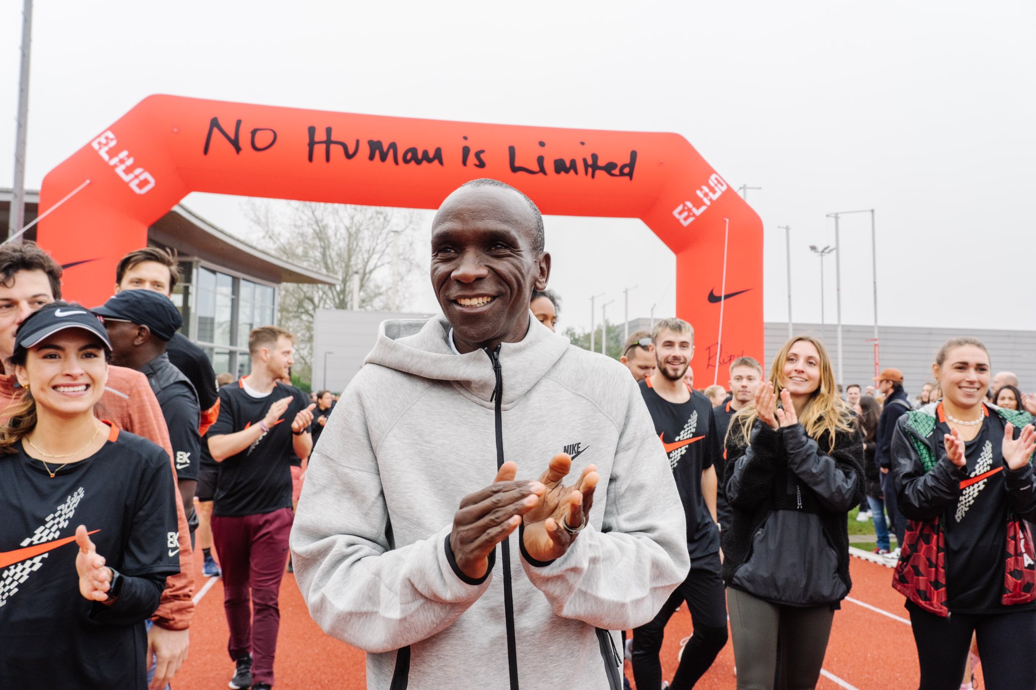 Eliud Kipchoge applauds fans during the launch of a newly refurbished track in the Netherlands. 