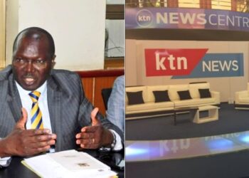 A photo collage of Cooperatives CS Simon Chelugui (left) an d a photo of KTN studio owned by the Standard Group.