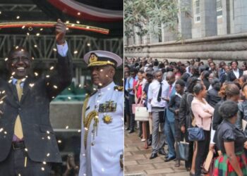 A photo collage of President William Ruto during his inaugration in September 2022 (left0 and a photo of jobseekers showing g up for a past interview.